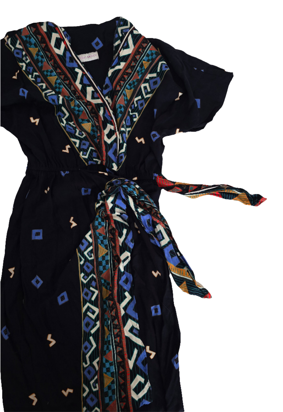 megan moore women’s wrap dress - size l - multicolor geometric print