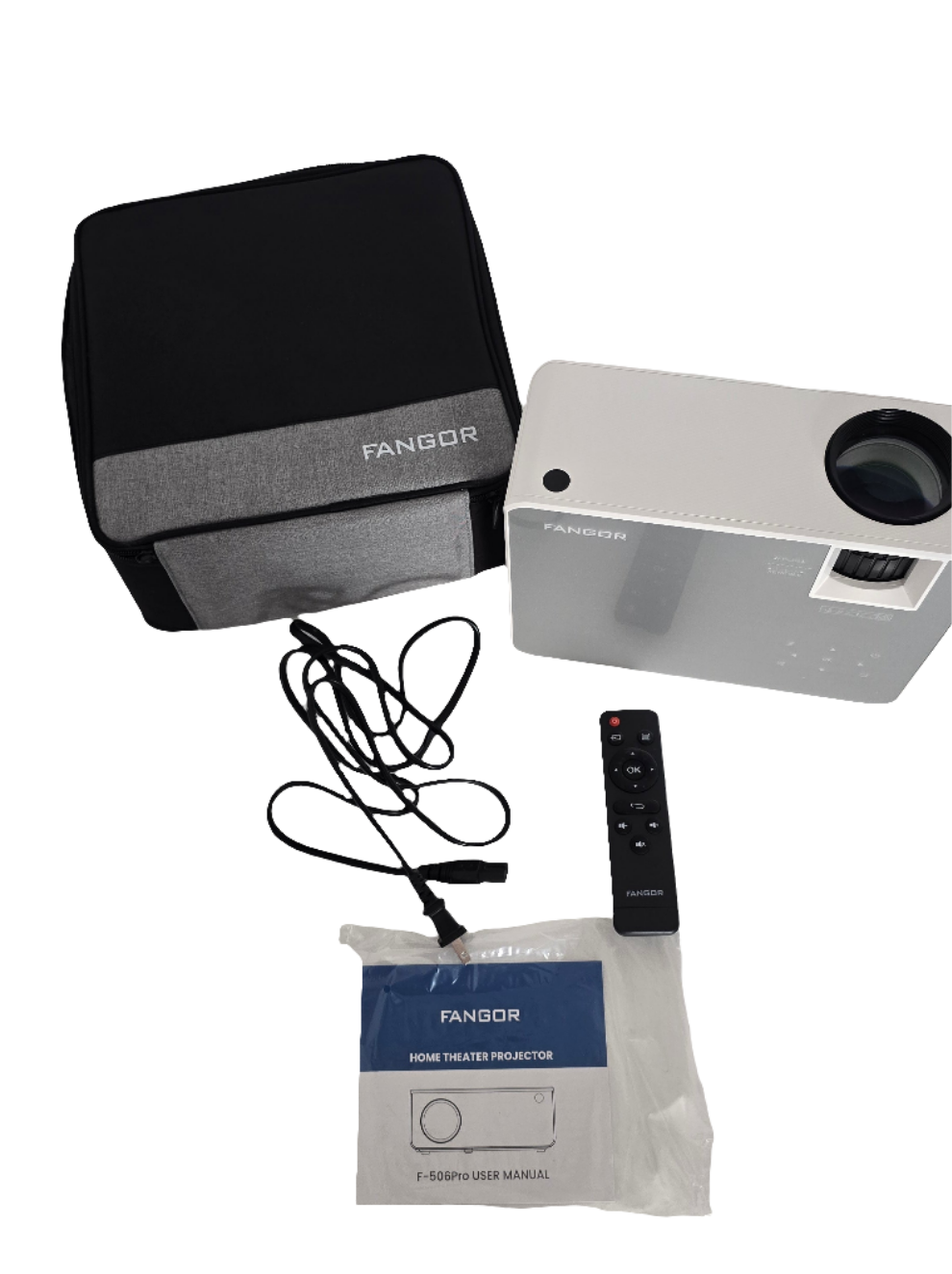 fangor f-506pro home theater projector - with case, remote, and manual