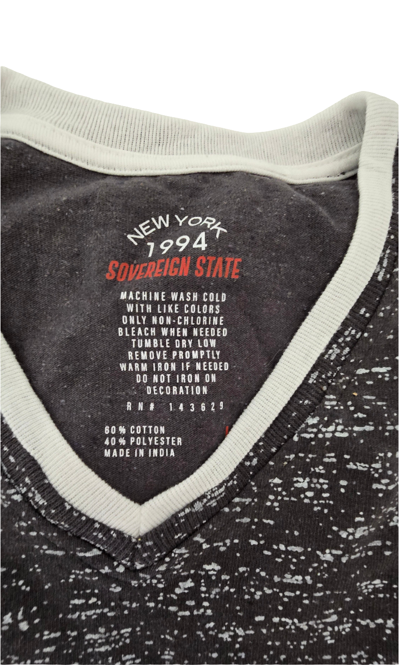 sovereign state new york 1994 speckled v-neck t-shirt – size l