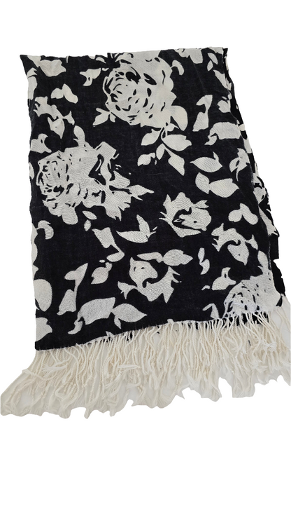 Pashmina Scarf Black & White Floral with Fringes - 70” x 29” - Excellent Condition