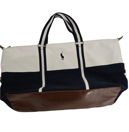 Ralph Lauren Polo Canvas and Leather Trim Duffle Bag - Navy & White - 25”x13”