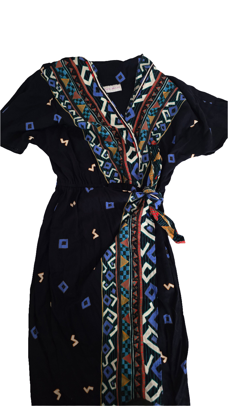 megan moore women’s wrap dress - size l - multicolor geometric print
