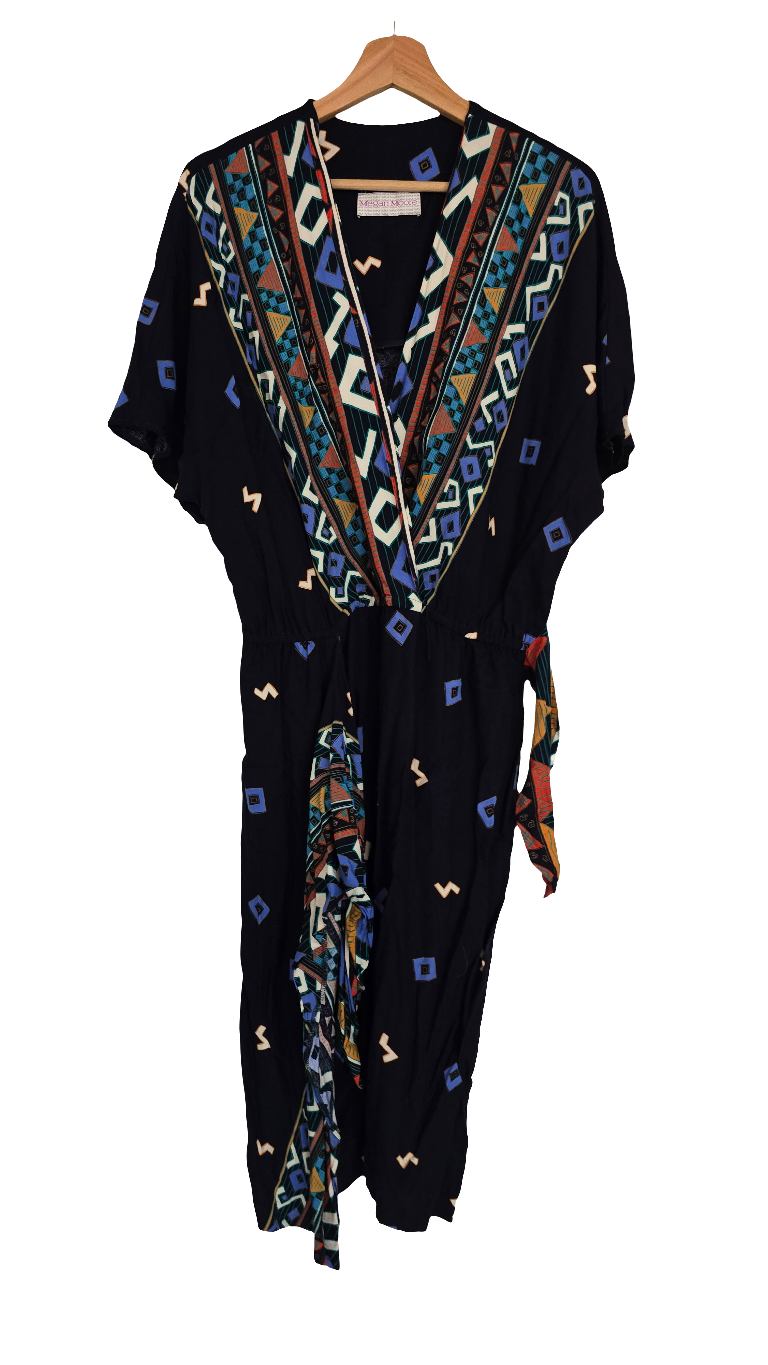 megan moore women’s wrap dress - size l - multicolor geometric print