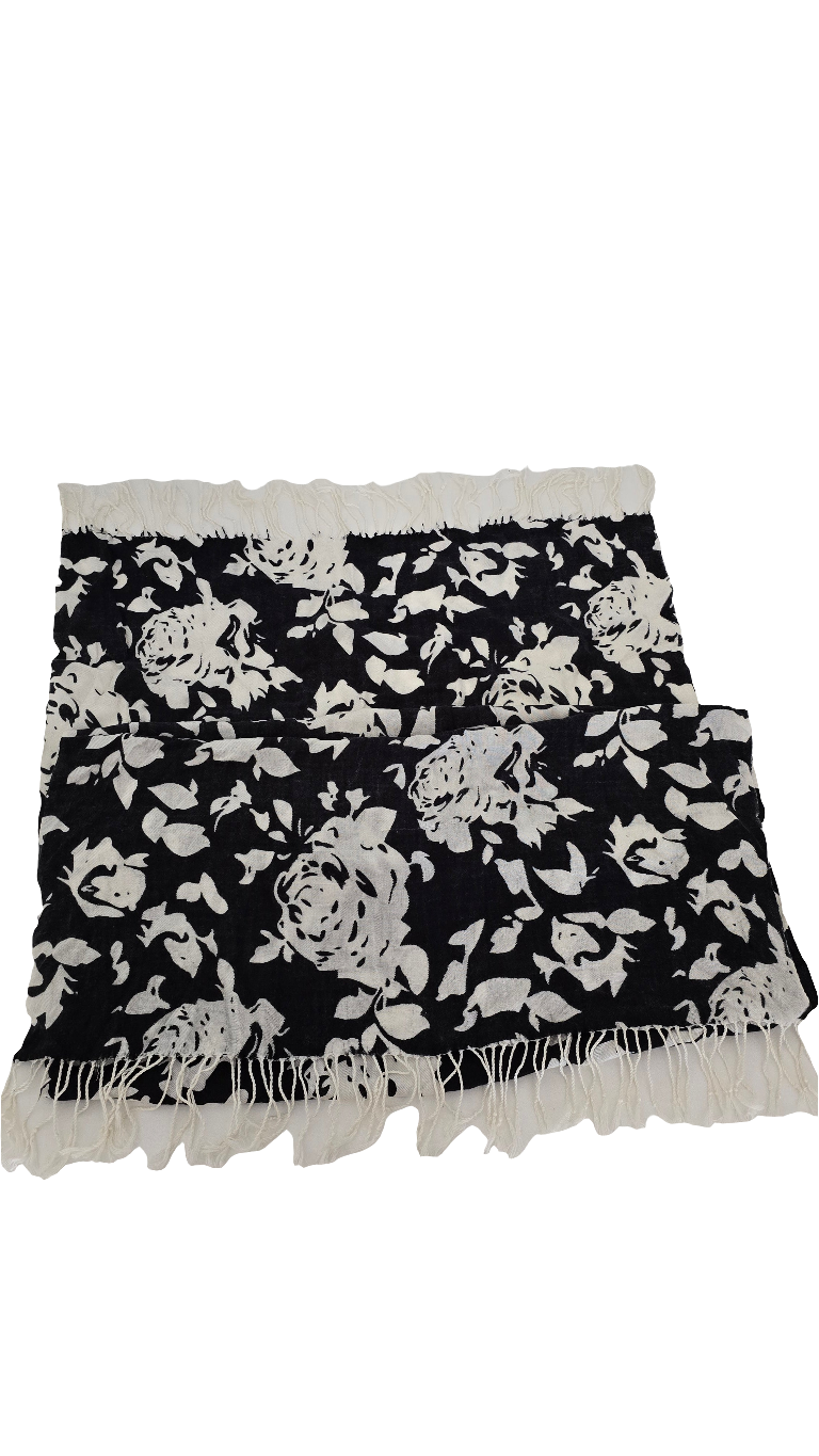 pashmina scarf black & white floral with fringes - 70” x 29” - excellent condition