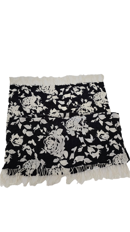 Pashmina Scarf Black & White Floral with Fringes - 70” x 29” - Excellent Condition