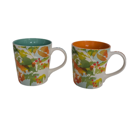 Starbucks Coffee Mug Set (2pcs) 2008 Holiday Berry Leaf Design – Collectible Ceramic Cups