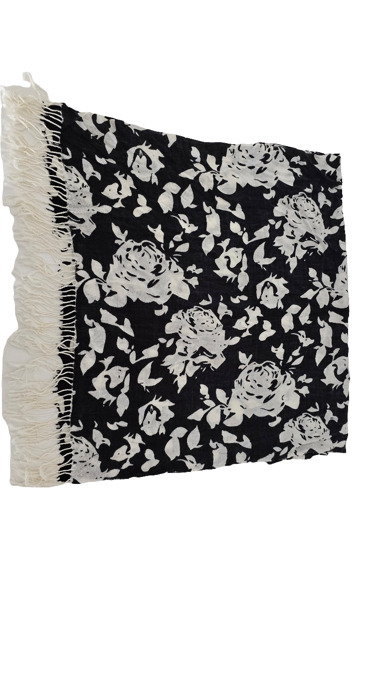 pashmina scarf black & white floral with fringes - 70” x 29” - excellent condition