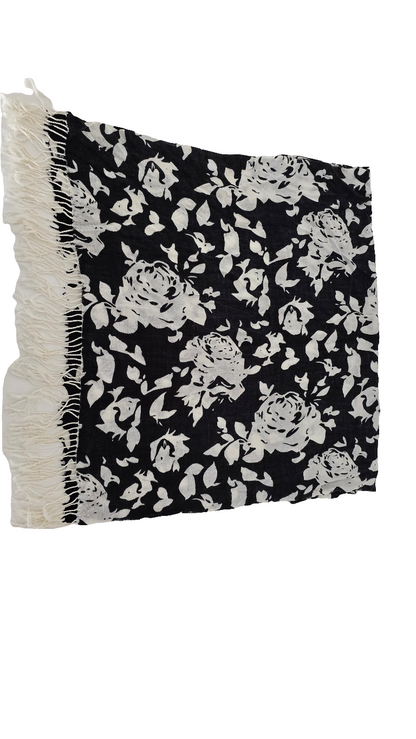 Pashmina Scarf Black & White Floral with Fringes - 70” x 29” - Excellent Condition