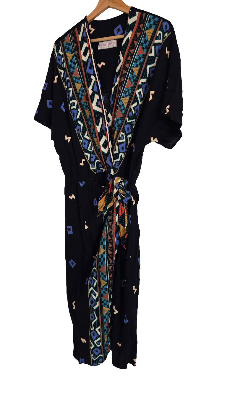 megan moore women’s wrap dress - size l - multicolor geometric print