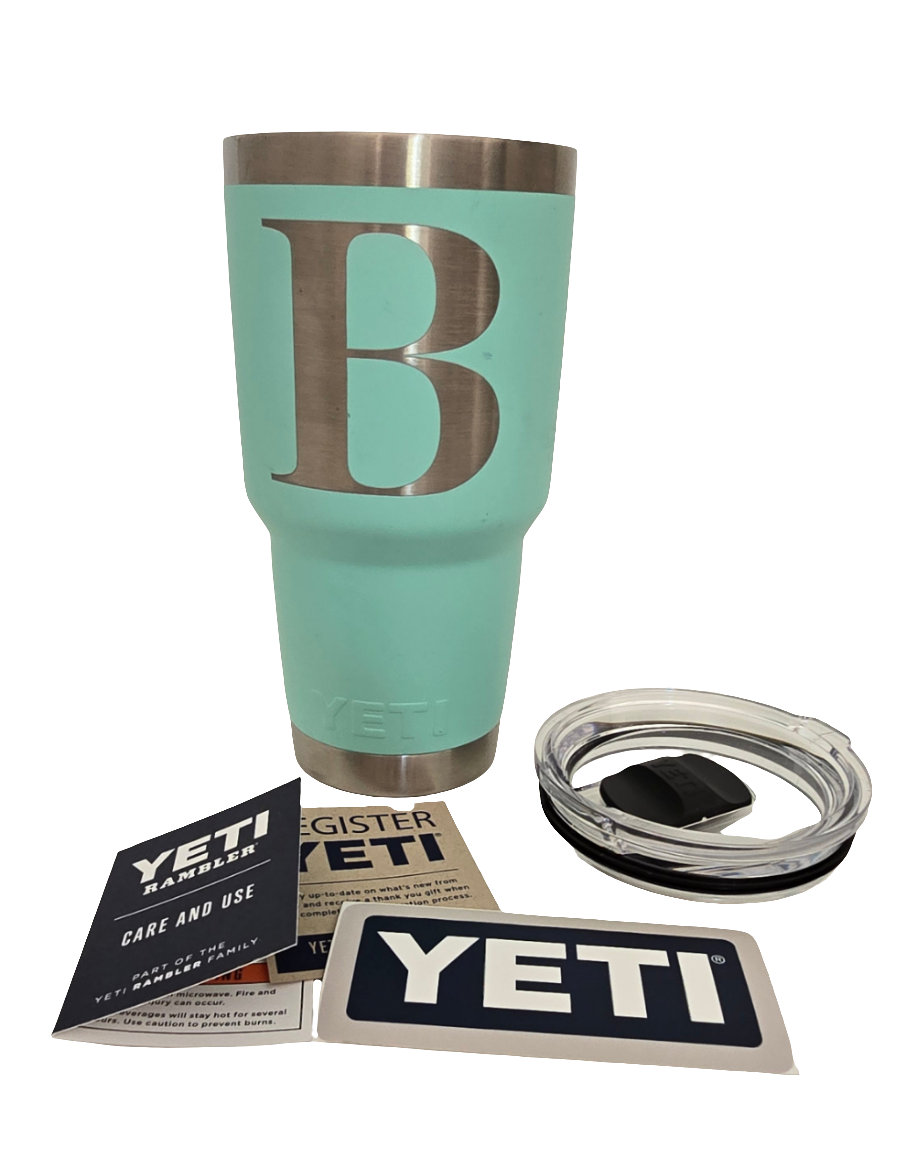 yeti rambler 30 oz tumbler with lid – mint green – monogram ‘b’