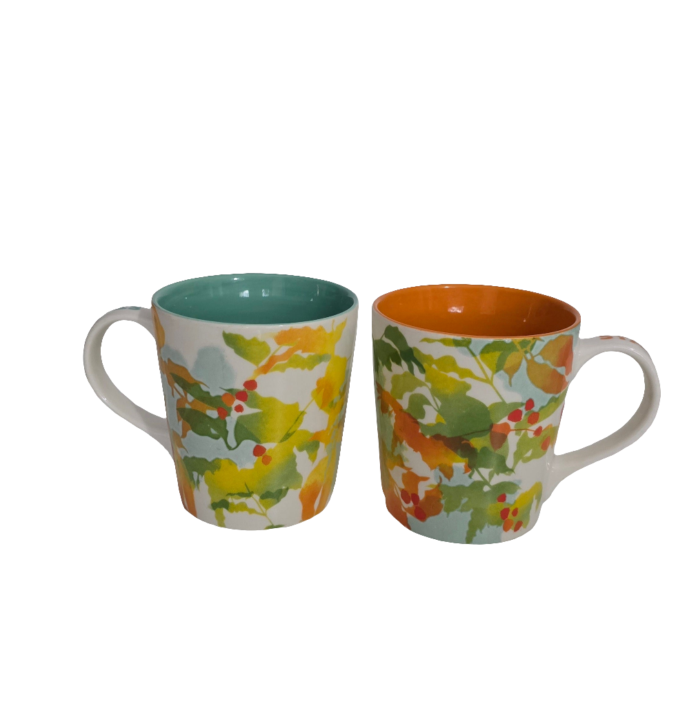 starbucks coffee mug set (2pcs) 2008 holiday berry leaf design – collectible ceramic cups